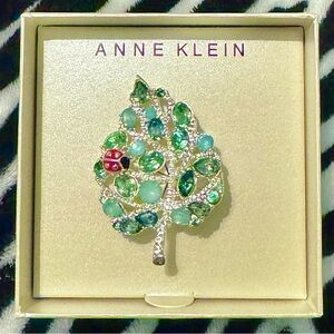 Anne Klein Leaf & Ladybug Pin Brooch Silver-Tone Metal Green Stones & Crystal